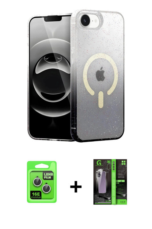ieg™ iPhone 16E Kılıf Eksen Minimal Özel Seri - Şeffaf 360 Full Body Arka Koruyucu + Gümüş Raze Meta