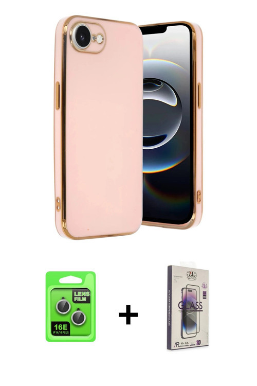 ieg™ iPhone 16E Kılıf Yankı Serisi - Siyah Bilvis 3D Cam Ekran Koruyucu + Gümüş Raze Metal Kamera Le