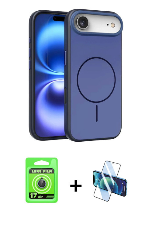 ieg™ iPhone 17 Air Kılıf Atlas Asil Prime - Siyah 3D Antistatik Cam Ekran Koruyucu + Mavi Raze Metal