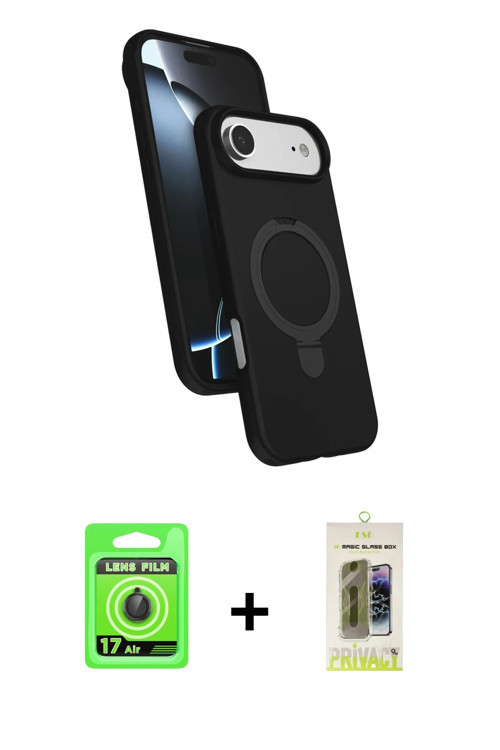 ieg™ iPhone 17 Air Kılıf İz Işık Koleksiyonu - Siyah Joko Magic 5D Hayalet Cam + Siyah Raze Metal Ka