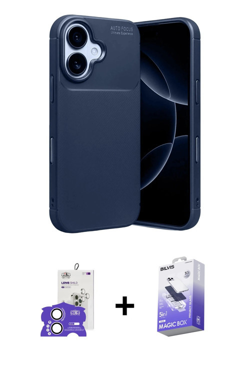 ieg™ iPhone 17 Kılıf Eksen Form Prime - Siyah Bilvis 5in1 5D Magic Hayalet Cam Ekran Koruyucu + Lila