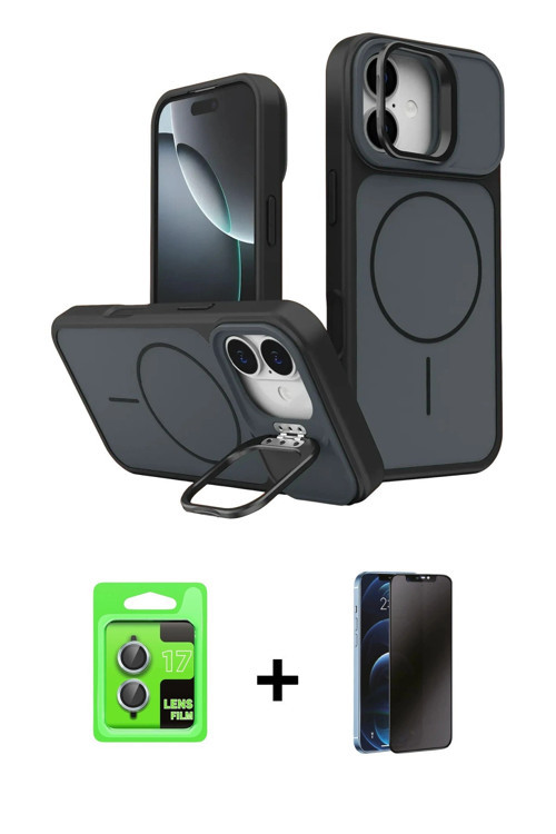 ieg™ iPhone 17 Kılıf İz Modern Prime - Siyah 3D Antistatik Hayalet Cam Ekran Koruyucu + Açık Mavi Ra