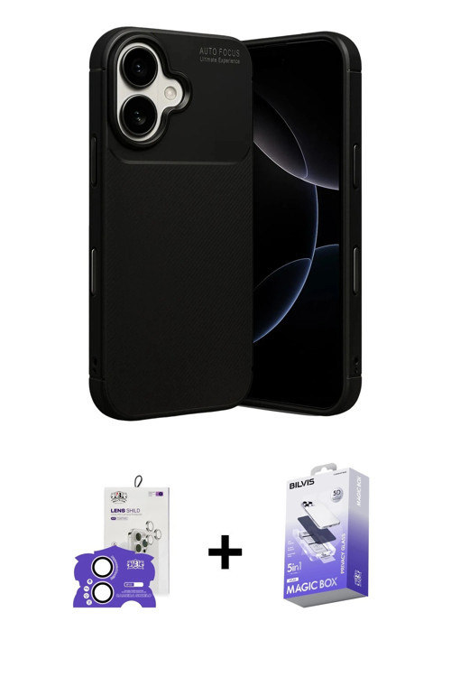 ieg™ iPhone 17 Kılıf Eksen Form Prime - Siyah Bilvis 5in1 5D Magic Hayalet Cam Ekran Koruyucu + Lila