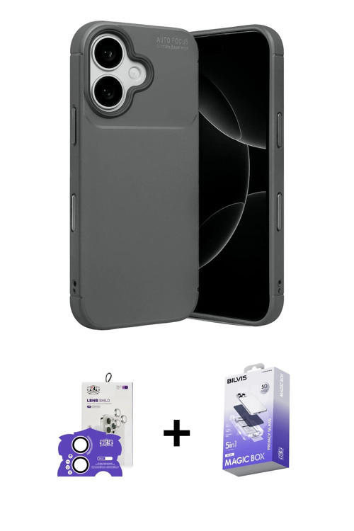 ieg™ iPhone 17 Kılıf Eksen Form Prime - Siyah Bilvis 5in1 5D Magic Hayalet Cam Ekran Koruyucu + Lila