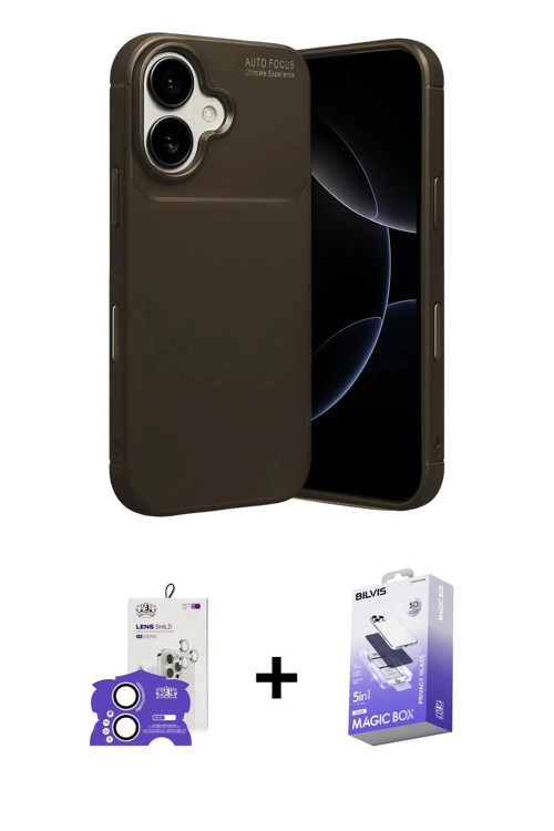 ieg™ iPhone 17 Kılıf Eksen Form Prime - Siyah Bilvis 5in1 5D Magic Hayalet Cam Ekran Koruyucu + Lila