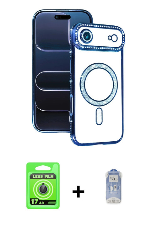 ieg™ iPhone 17 Air Kılıf Zirve Doku Prime - Siyah Joko Magic 5D Cam + Mavi Raze Metal Kamera Lens