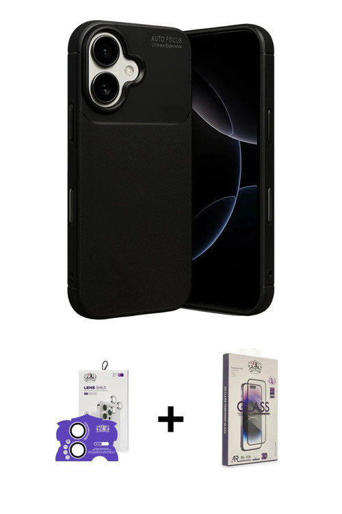 ieg™ iPhone 17 Kılıf Eksen Form Prime - Siyah Bilvis 3D Cam Ekran Koruyucu + Lila Bilvis Titan Kamer