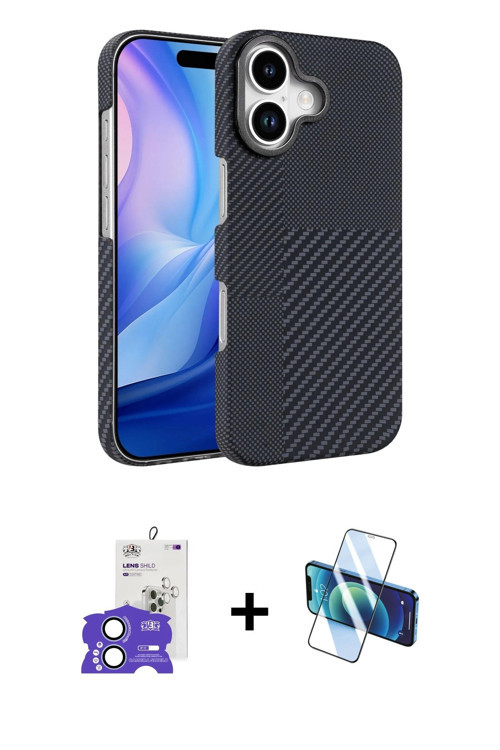 ieg™ iPhone 17 Kılıf Doruk Serisi - Siyah 3D Antistatik Cam Ekran Koruyucu + Açık Mavi Bilvis Titan