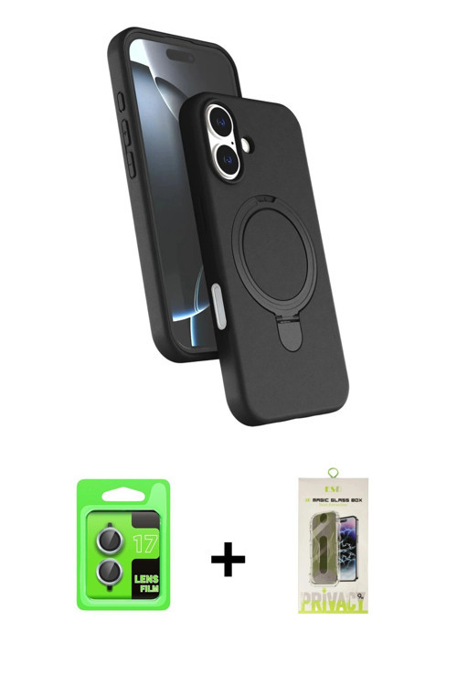 ieg™ iPhone 17 Kılıf İz Işık Koleksiyonu - Siyah Joko Magic 5D Hayalet Cam + Açık Mavi Raze Metal Ka
