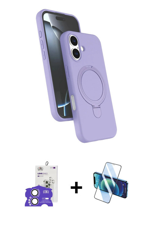 ieg™ iPhone 17 Kılıf İz Işık Koleksiyonu - Siyah 3D Antistatik Cam Ekran Koruyucu + Lila Bilvis Tita
