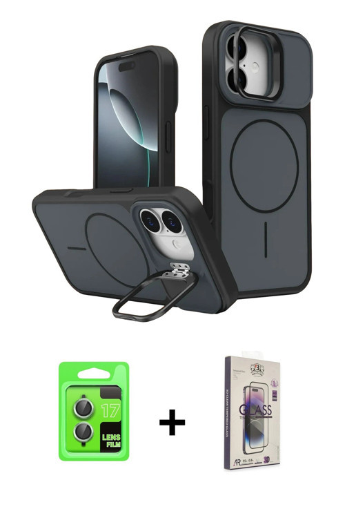 ieg™ iPhone 17 Kılıf İz Modern Prime - Siyah Bilvis 3D Cam Ekran Koruyucu + Açık Yeşil Raze Metal Ka