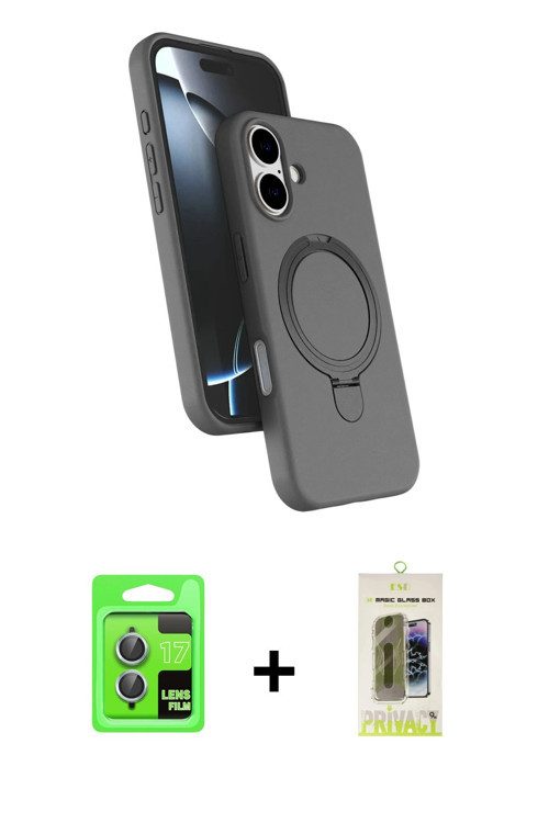 ieg™ iPhone 17 Kılıf İz Işık Koleksiyonu - Siyah Joko Magic 5D Hayalet Cam + Açık Mavi Raze Metal Ka