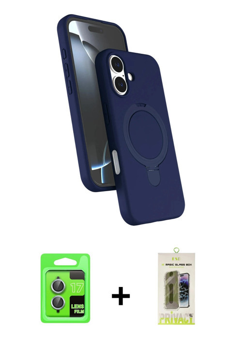 ieg™ iPhone 17 Kılıf İz Işık Koleksiyonu - Siyah Joko Magic 5D Hayalet Cam + Açık Mavi Raze Metal Ka