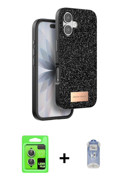 ieg™ iPhone 17 Kılıf Vadi Klasik Serisi - Siyah Joko Magic 5D Cam + Açık Yeşil Raze Metal Kamera Len