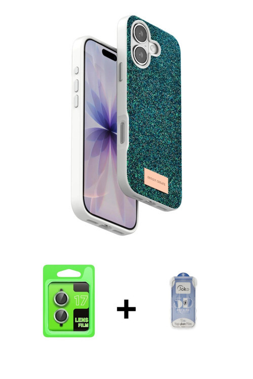 ieg™ iPhone 17 Kılıf Vadi Klasik Serisi - Siyah Joko Magic 5D Cam + Açık Yeşil Raze Metal Kamera Len