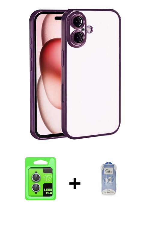 ieg™ iPhone 17 Kılıf Vadi Minimal - Siyah Joko Magic 5D Cam + Açık Mavi Raze Metal Kamera Lens