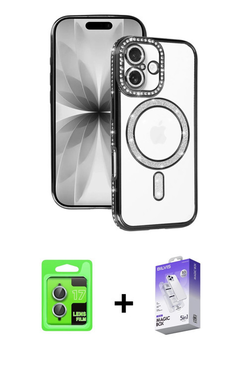 ieg™ iPhone 17 Kılıf Zirve Doku Prime - Siyah Bilvis 5in1 3D Magic Cam Ekran Koruyucu + Açık Mavi Ra