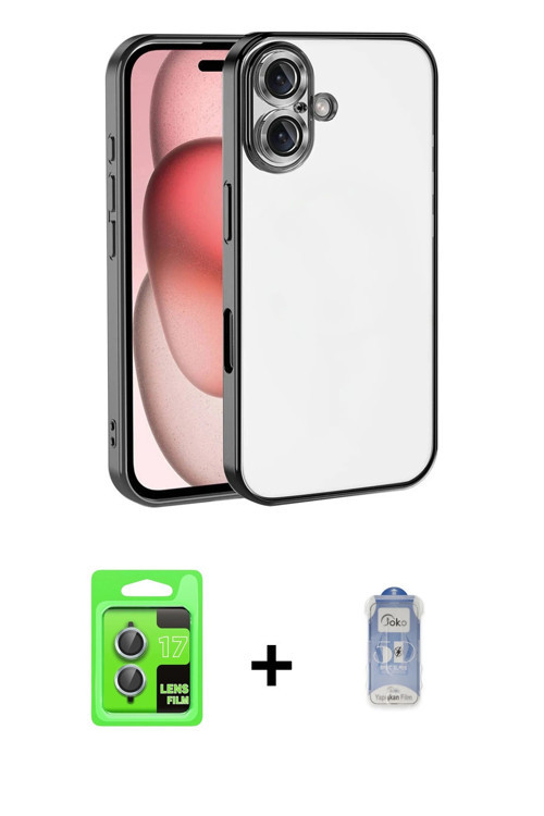 ieg™ iPhone 17 Kılıf Vadi Minimal - Siyah Joko Magic 5D Cam + Açık Mavi Raze Metal Kamera Lens