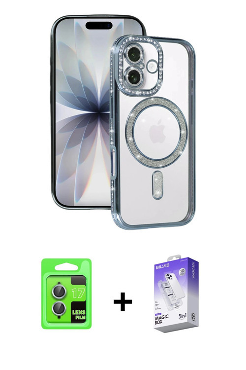 ieg™ iPhone 17 Kılıf Zirve Doku Prime - Siyah Bilvis 5in1 3D Magic Cam Ekran Koruyucu + Açık Mavi Ra