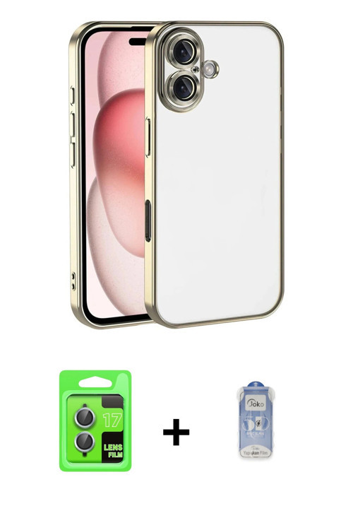 ieg™ iPhone 17 Kılıf Vadi Minimal - Siyah Joko Magic 5D Cam + Açık Mavi Raze Metal Kamera Lens