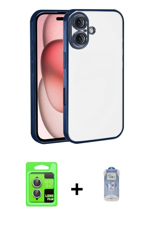 ieg™ iPhone 17 Kılıf Vadi Minimal - Siyah Joko Magic 5D Cam + Açık Mavi Raze Metal Kamera Lens