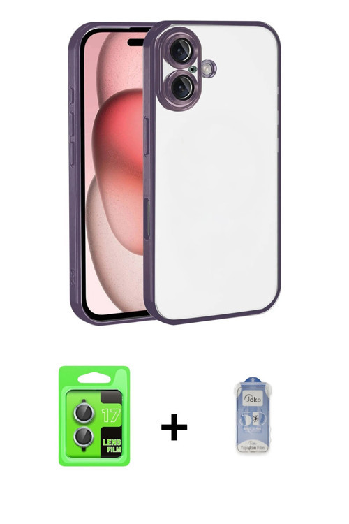 ieg™ iPhone 17 Kılıf Vadi Minimal - Siyah Joko Magic 5D Cam + Açık Mavi Raze Metal Kamera Lens
