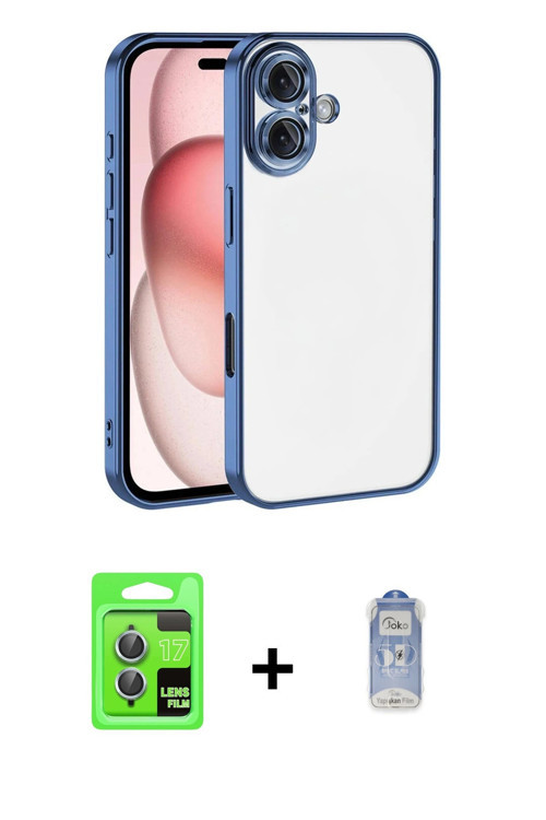 ieg™ iPhone 17 Kılıf Vadi Minimal - Siyah Joko Magic 5D Cam + Açık Mavi Raze Metal Kamera Lens