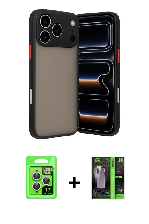 ieg™ iPhone 17 Pro Kılıf Ahenk Çizgi Serisi - Siyah 360 Mat Full Body Arka Koruyucu + Gümüş Raze Met