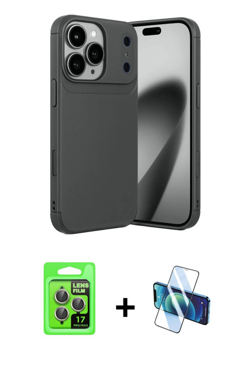 ieg™ iPhone 17 Pro Kılıf Eksen Form Prime - Siyah 3D Antistatik Seramik Nano Ekran Koruyucu + Gri Ra