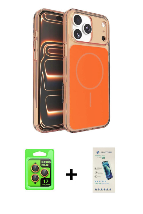 ieg™ iPhone 17 Pro Kılıf Kutup Doku Serisi - Şeffaf Pasifik Cam Ekran Koruyucu + Turuncu Raze Metal