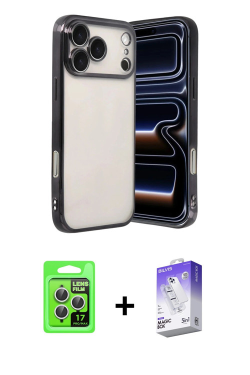ieg™ iPhone 17 Pro Kılıf Vadi Minimal - Siyah Bilvis 5in1 3D Magic Cam Ekran Koruyucu + Gümüş Raze M
