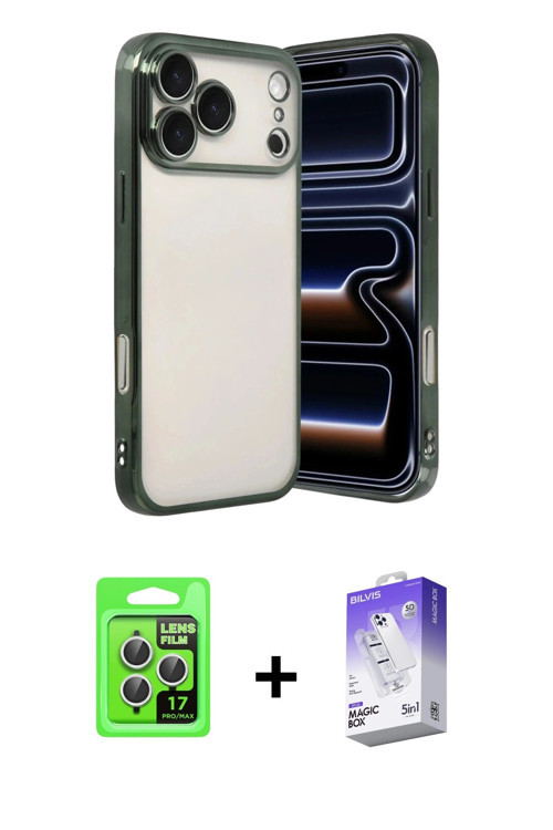 ieg™ iPhone 17 Pro Kılıf Vadi Minimal - Siyah Bilvis 5in1 3D Magic Cam Ekran Koruyucu + Gümüş Raze M