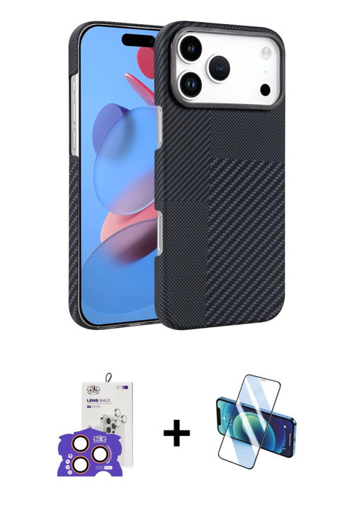 ieg™ iPhone 17 Pro Max Kılıf Doruk Serisi - Siyah 3D Antistatik Cam Ekran Koruyucu + Turuncu Bilvis
