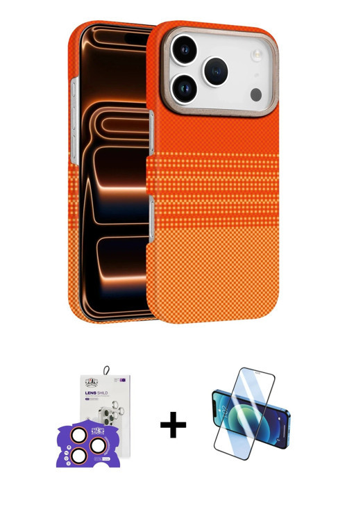 ieg™ iPhone 17 Pro Max Kılıf Doruk Serisi - Siyah 3D Antistatik Cam Ekran Koruyucu + Turuncu Bilvis