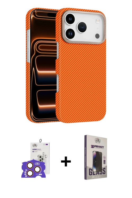 ieg™ iPhone 17 Pro Max Kılıf Doruk Serisi - Siyah Bilvis Hayalet Cam Ekran Koruyucu + Turuncu Bilvis