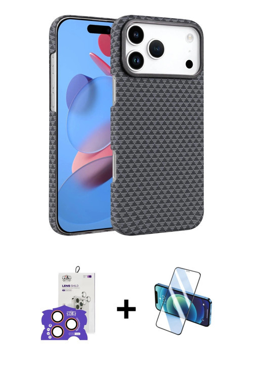 ieg™ iPhone 17 Pro Max Kılıf Doruk Serisi - Siyah 3D Antistatik Cam Ekran Koruyucu + Turuncu Bilvis