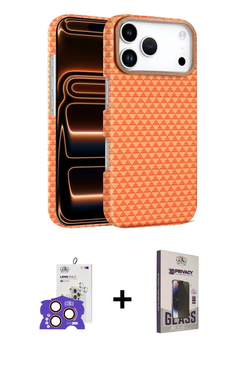 ieg™ iPhone 17 Pro Max Kılıf Doruk Serisi - Siyah Bilvis Hayalet Cam Ekran Koruyucu + Turuncu Bilvis