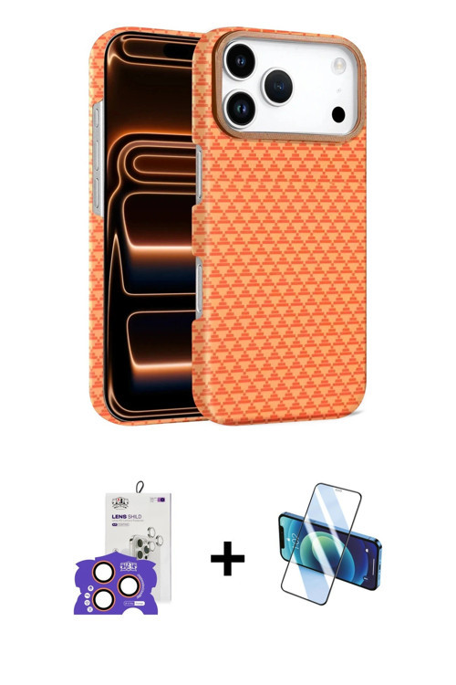 ieg™ iPhone 17 Pro Max Kılıf Doruk Serisi - Siyah 3D Antistatik Cam Ekran Koruyucu + Turuncu Bilvis