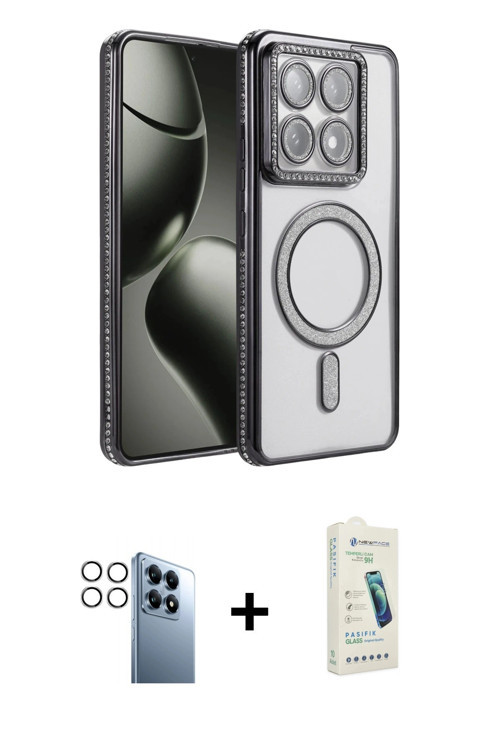 ieg™ Mi 14T Pro Kılıf Zirve Doku Prime - Şeffaf Pasifik Cam Ekran Koruyucu + Gümüş PVD Metal Kamera