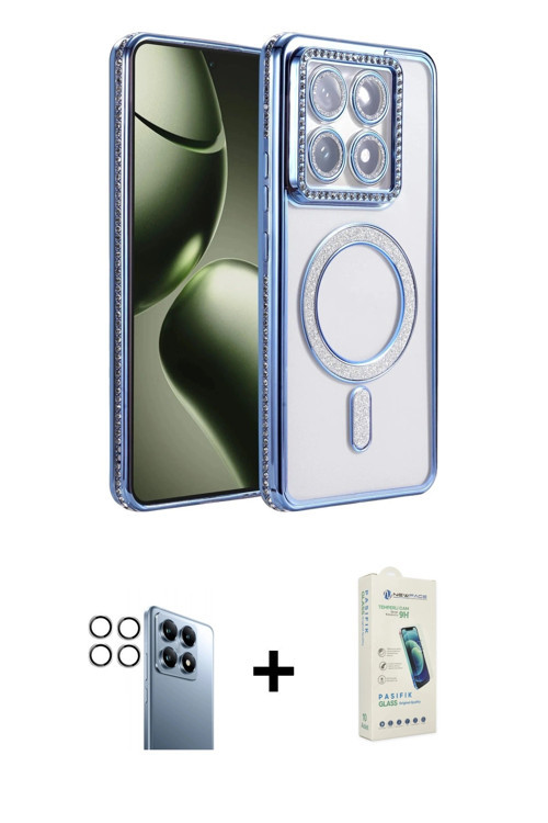 ieg™ Mi 14T Pro Kılıf Zirve Doku Prime - Şeffaf Pasifik Cam Ekran Koruyucu + Gümüş PVD Metal Kamera