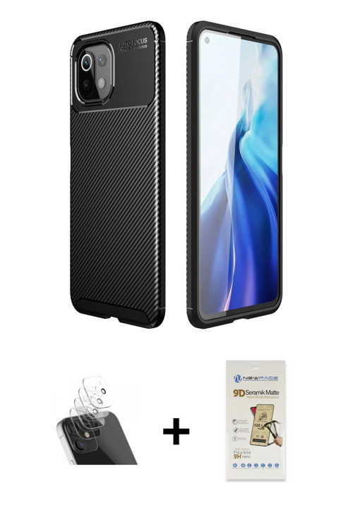 ieg™ Mİ 11 Lite Kılıf Eksen Form Prime - Siyah Mat Seramik Nano Ekran Koruyucu + Şeffaf Kamera Lens