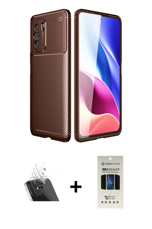 ieg™ Poco F3 Kılıf Eksen Form Prime - Siyah 5D Hayalet Cam Ekran Koruyucu + Şeffaf Kamera Lens Korum