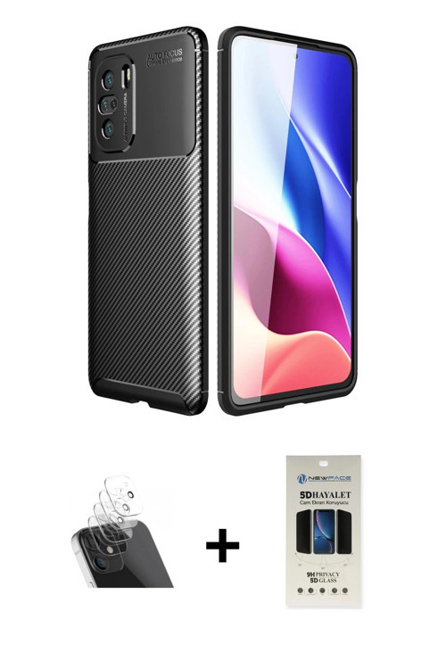 ieg™ Poco F3 Kılıf Eksen Form Prime - Siyah 5D Hayalet Cam Ekran Koruyucu + Şeffaf Kamera Lens Korum