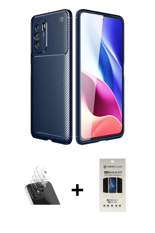ieg™ Poco F3 Kılıf Eksen Form Prime - Siyah 5D Hayalet Cam Ekran Koruyucu + Şeffaf Kamera Lens Korum