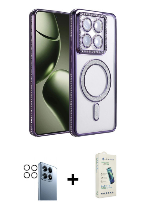 ieg™ Mi 14T Pro Kılıf Zirve Doku Prime - Şeffaf Pasifik Cam Ekran Koruyucu + Gümüş PVD Metal Kamera