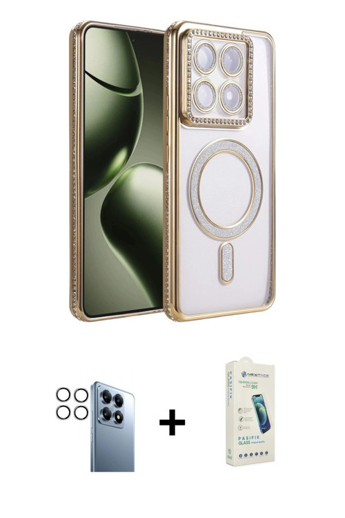 ieg™ Mi 14T Pro Kılıf Zirve Doku Prime - Şeffaf Pasifik Cam Ekran Koruyucu + Gümüş PVD Metal Kamera