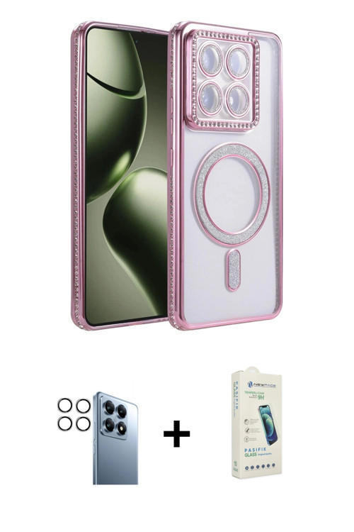 ieg™ Mi 14T Pro Kılıf Zirve Doku Prime - Şeffaf Pasifik Cam Ekran Koruyucu + Gümüş PVD Metal Kamera