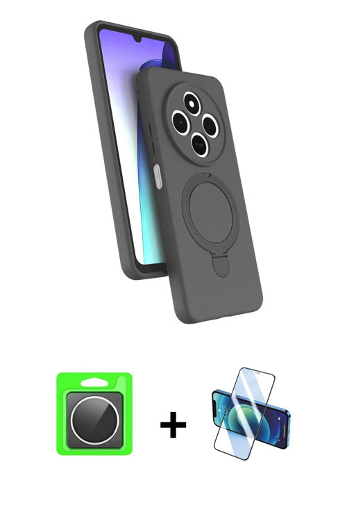 ieg™ Redmi 14C Kılıf İz Işık Koleksiyonu - Siyah 3D Antistatik Cam Ekran Koruyucu + Gümüş Raze Metal