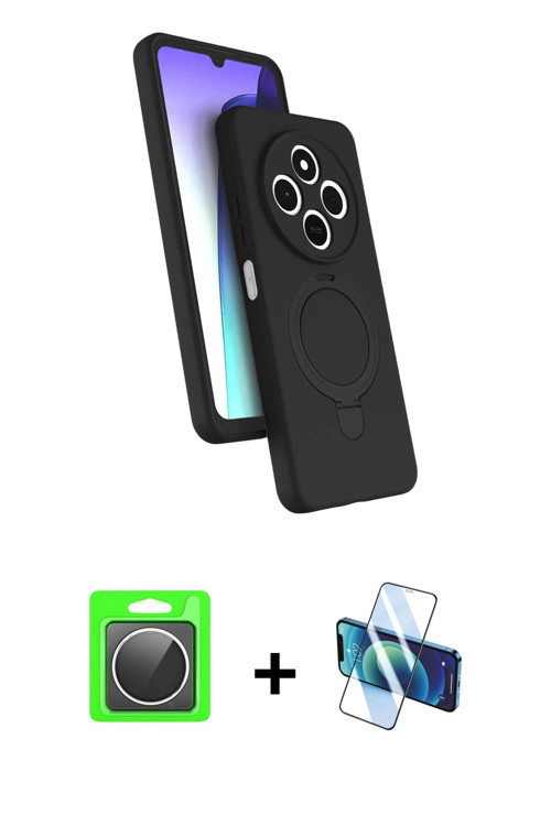 ieg™ Redmi 14C Kılıf İz Işık Koleksiyonu - Siyah 3D Antistatik Cam Ekran Koruyucu + Gümüş Raze Metal