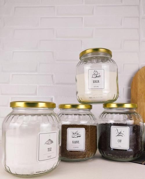Lombardino Vetro 4'lü Çay-şeker-kahve-tuz Kavanoz Seti Etiketli 1700 ml Metal Gold Kapaklı C320.016